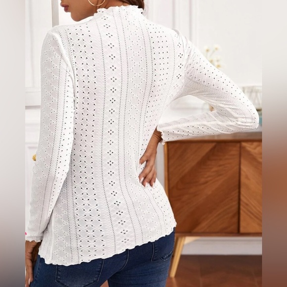 Maternity Medium Mock Neck Lettuce Trim Pointelle Knit Shirt Long Sleeve Shirts - Picture 5 of 9